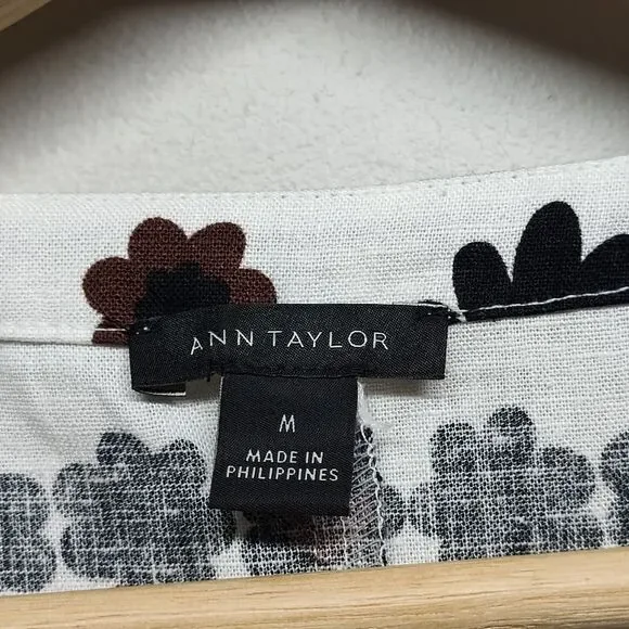 Ann Taylor Linen Blouse Top Women Size M White Floral Waist Tie Casual Feminine - Picture 8 of 9